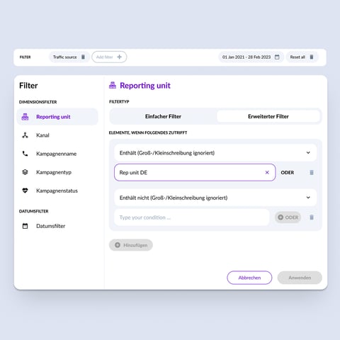 Ein Screenshot der Filtermöglichkeiten zu den Reportingunits im Dashboard
